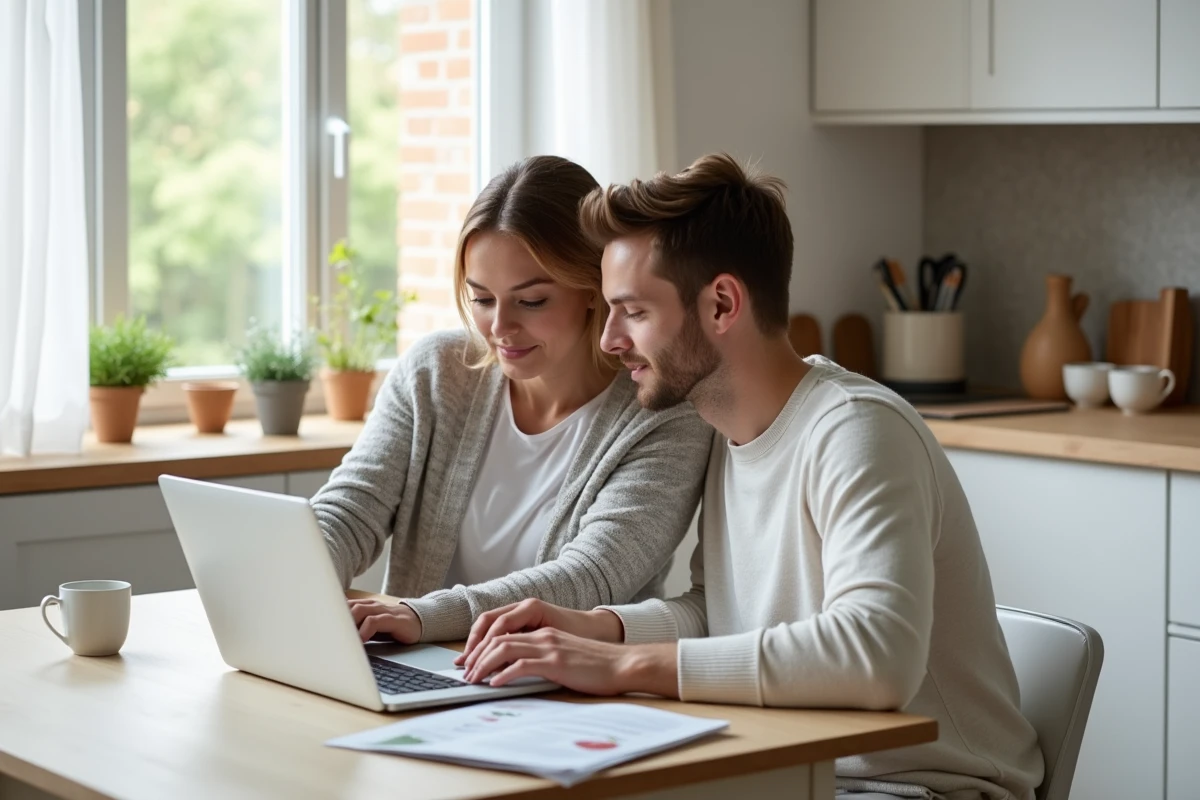 Couple de jeunes parents comparant des ressources de puériculture en ligne sur un ordinateur portable dans une cuisine moderne