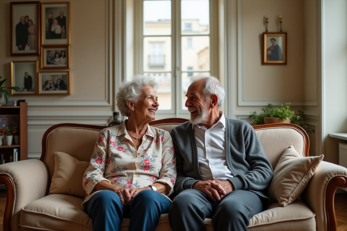Couple de parents âgés assis dans un salon européen entouré de photos de famille et d'objets culturels, symbolisant les racines et les origines familiales franco-iraniennes