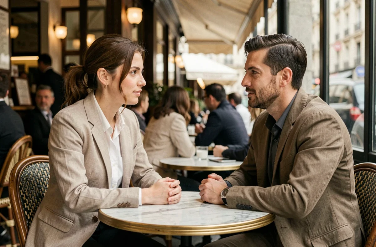 Couple assis dans un café parisien, ambiance intime et naturelle illustrant la vie privée de Pauline Sanzey