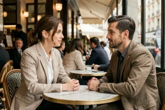 Couple assis dans un café parisien, ambiance intime et naturelle illustrant la vie privée de Pauline Sanzey