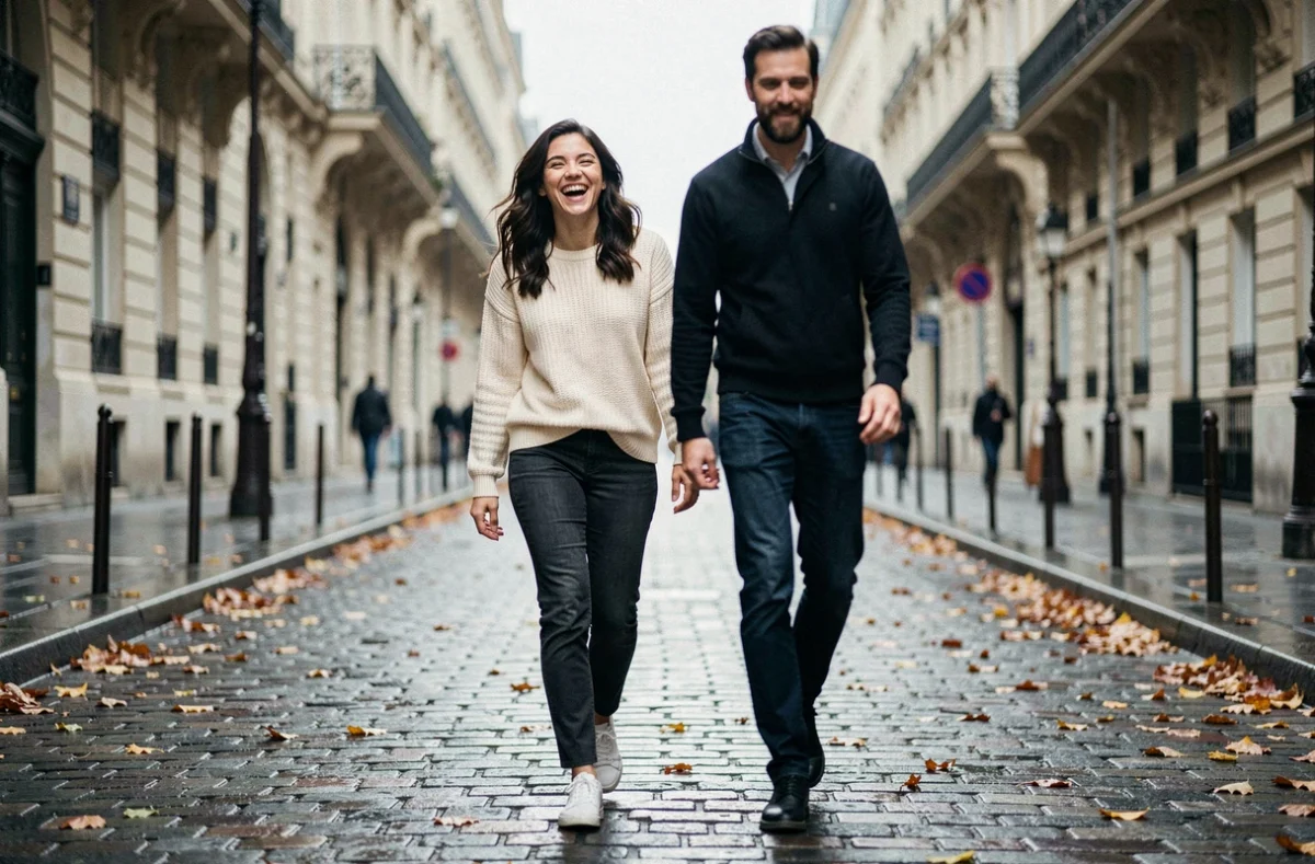 Femme souriante marchant dans une rue pavée de Paris aux côtés d'un homme, scène de couple authentique et naturelle