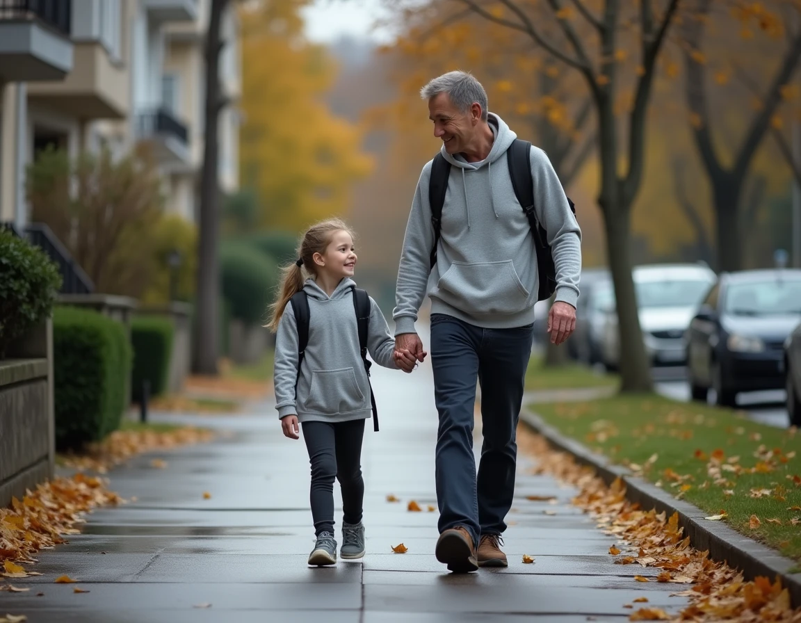 Père célibataire marchant avec sa fille dans une rue résidentielle, représentation du quotidien d'un parent isolé