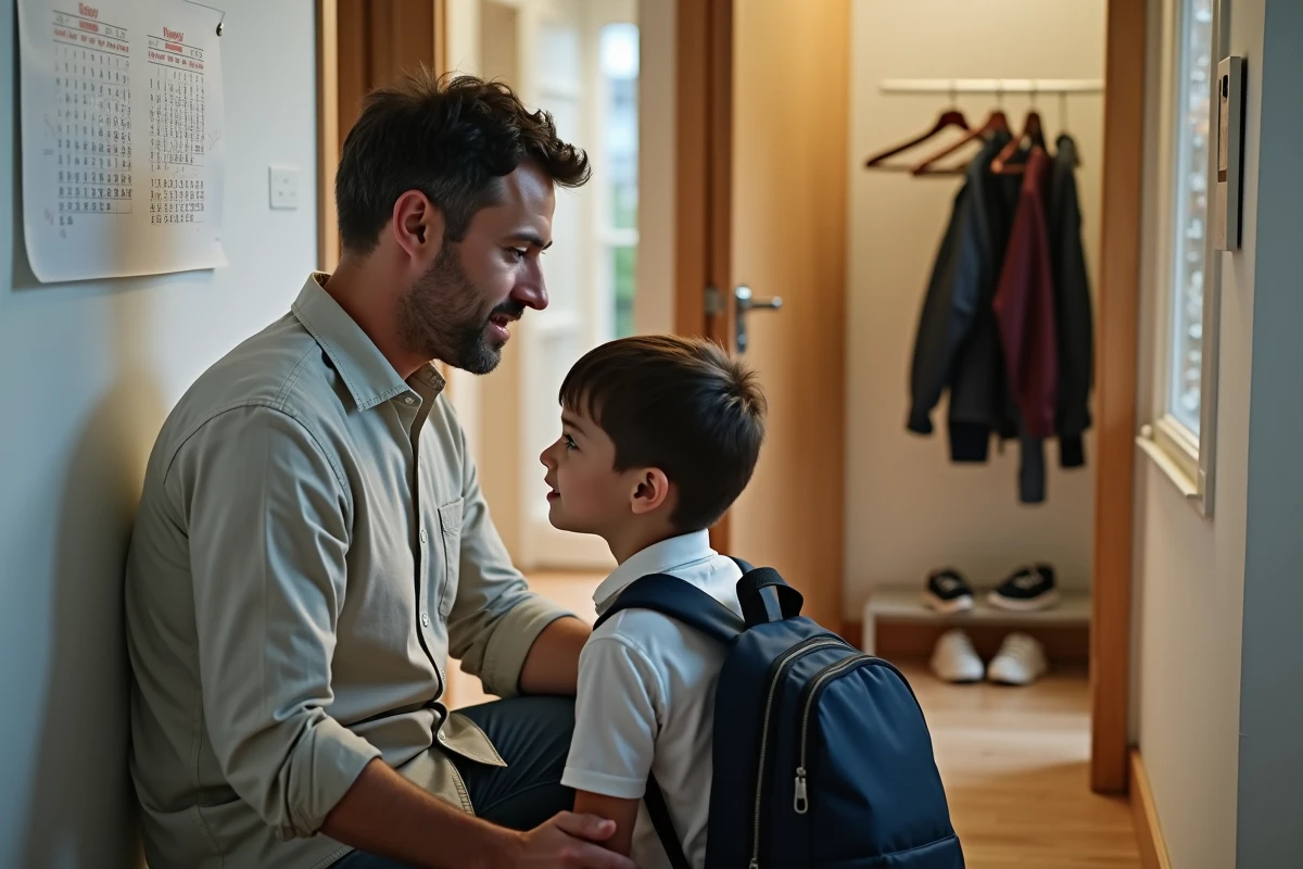 Père expliquant le calendrier de garde alternée semaines paires et impaires à son enfant avant le départ pour l'école