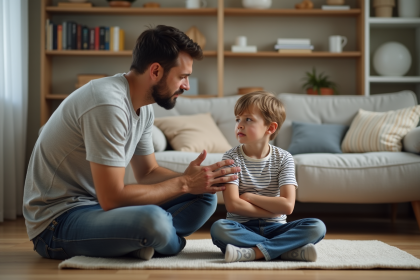 Père console son fils frustré dans le salon familial