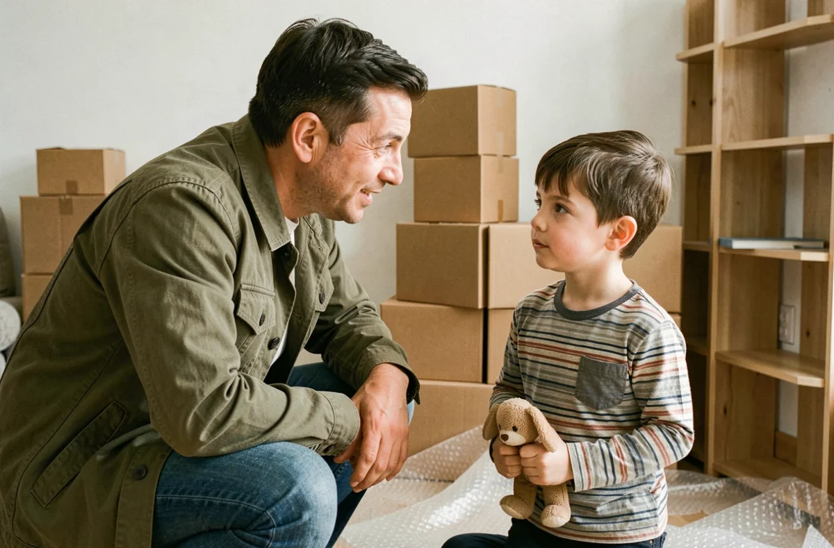 Père expliquant calmement le déménagement à son enfant dans un appartement en cours de déménagement, contexte de procédure judiciaire familiale