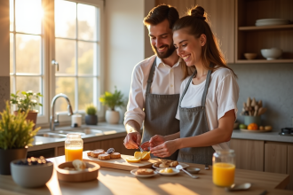 Couple préparant le petit déjeuner dans une cuisine lumineuse