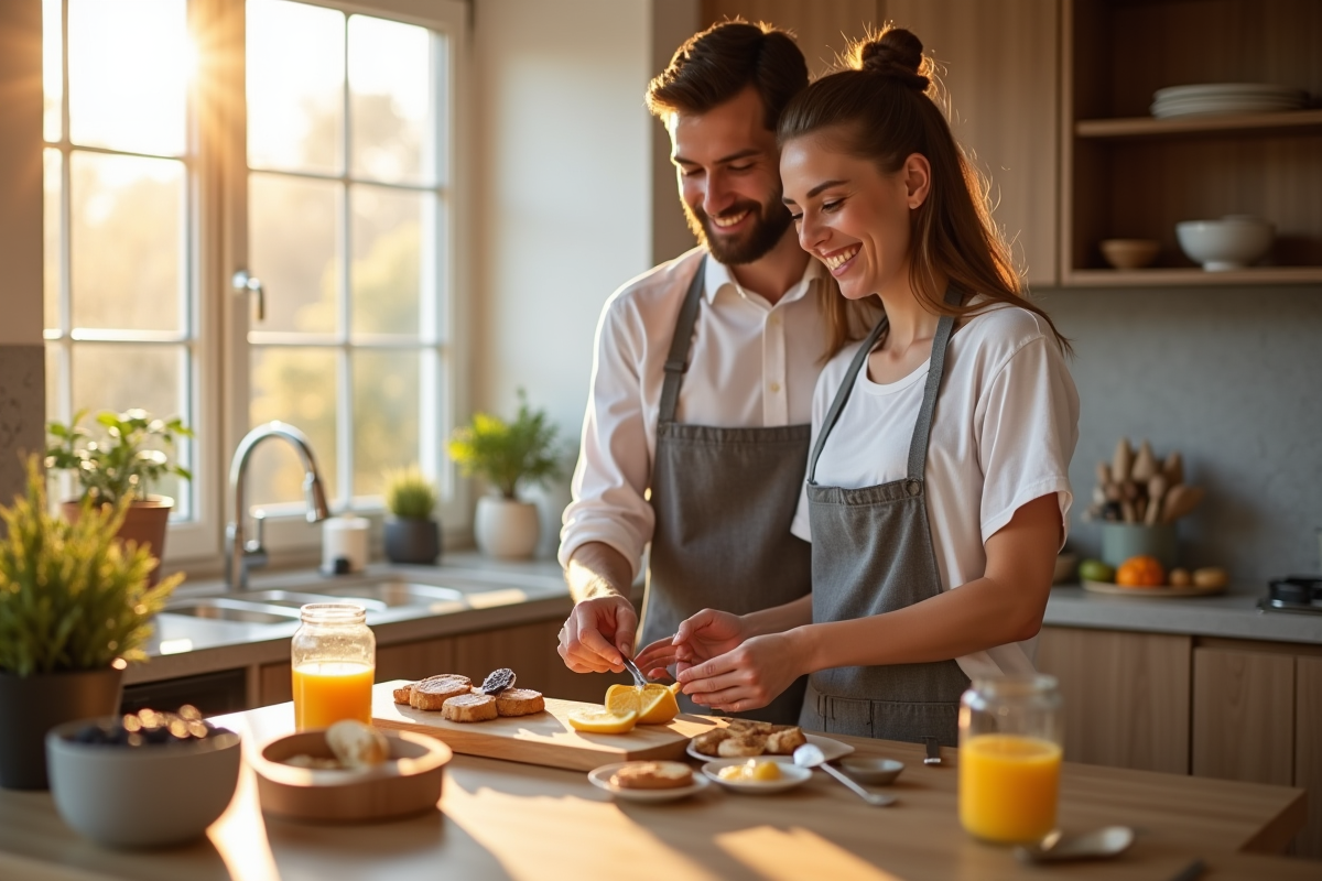 Couple préparant le petit déjeuner dans une cuisine lumineuse