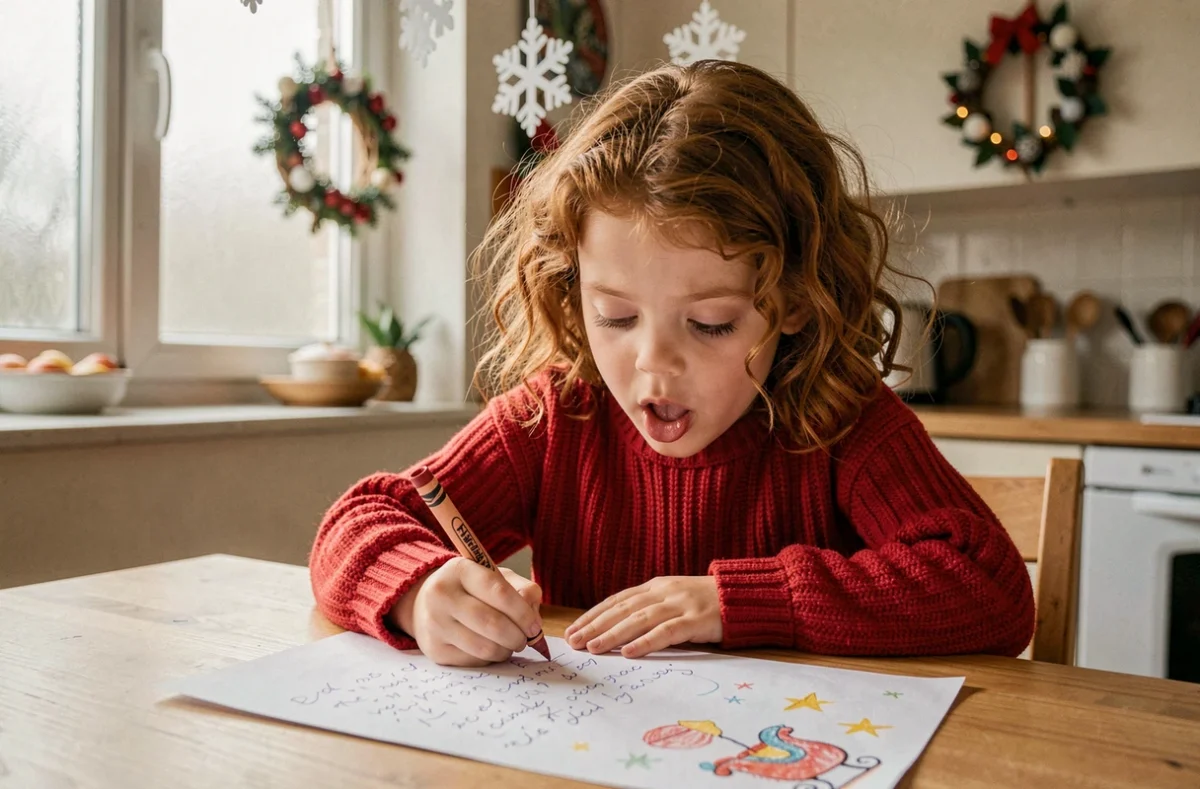 Petite fille écrivant sa lettre au Père Noël à la table de cuisine décorée pour Noël