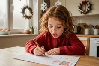 Petite fille écrivant sa lettre au Père Noël à la table de cuisine décorée pour Noël