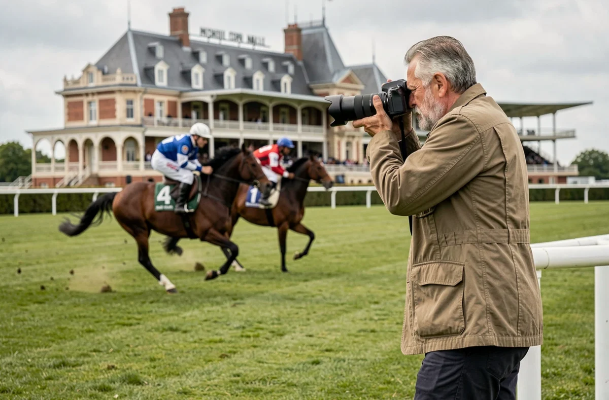 Photographe professionnel lors d'un événement équestre à l'hippodrome de Chantilly