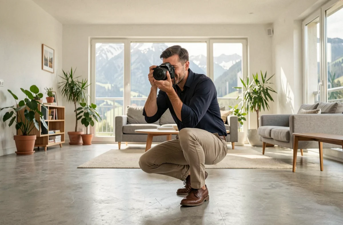 Photographe immobilier professionnel en train de photographier un appartement moderne à Annecy avec un appareil photo reflex