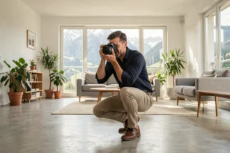 Photographe immobilier professionnel en train de photographier un appartement moderne à Annecy avec un appareil photo reflex