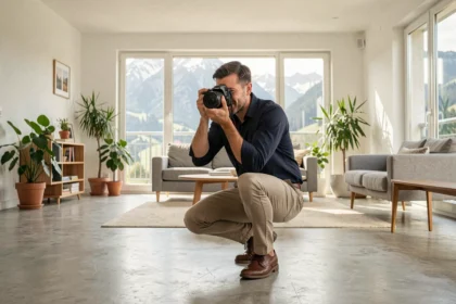 Photographe immobilier professionnel en train de photographier un appartement moderne à Annecy avec un appareil photo reflex