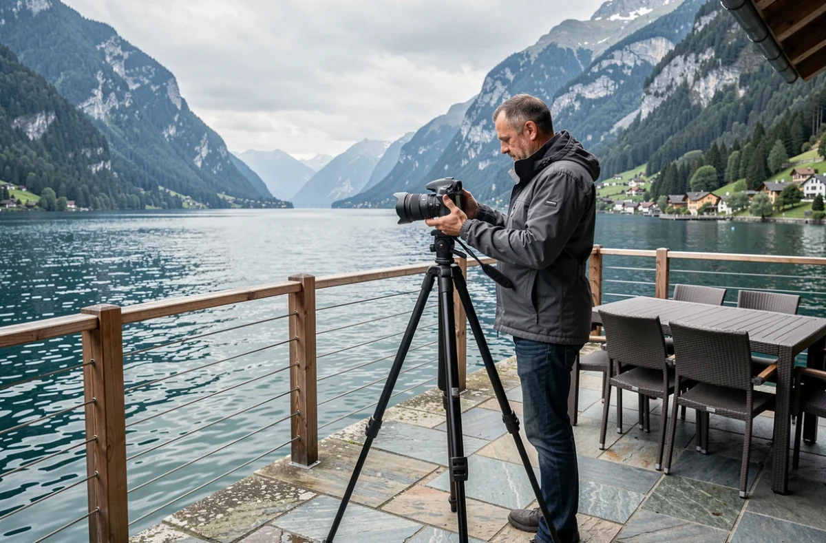Photographe immobilier installant son trépied sur une terrasse avec vue sur le lac d'Annecy pour une séance photo immobilière