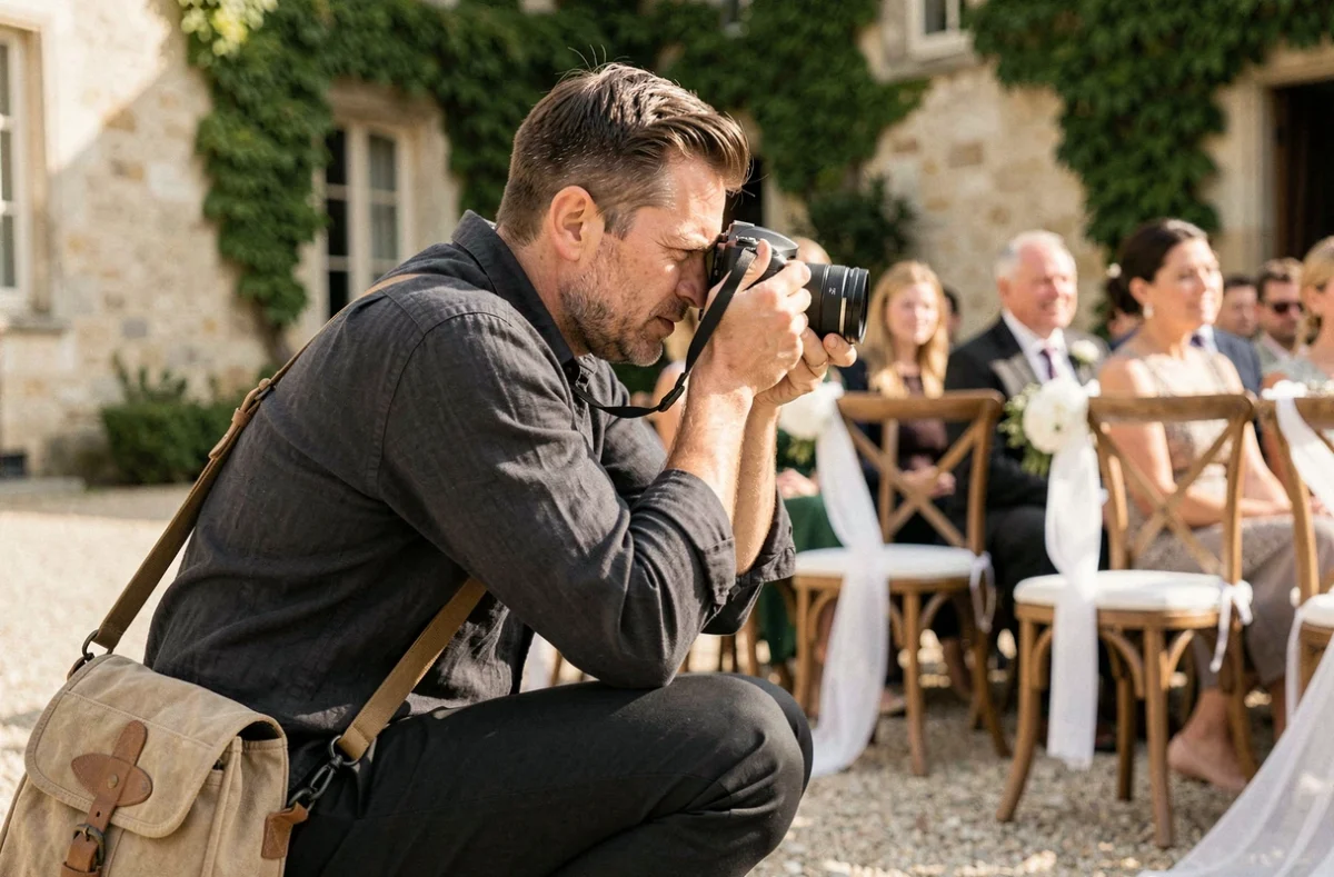 Photographe de mariage professionnel en action lors d'une cérémonie en plein air dans un château français