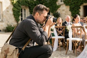 Photographe de mariage professionnel en action lors d'une cérémonie en plein air dans un château français