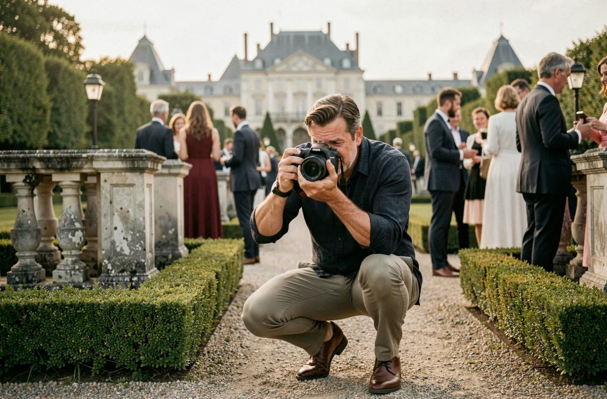 Photographe professionnel en action lors d'un événement en plein air au Château de Chantilly