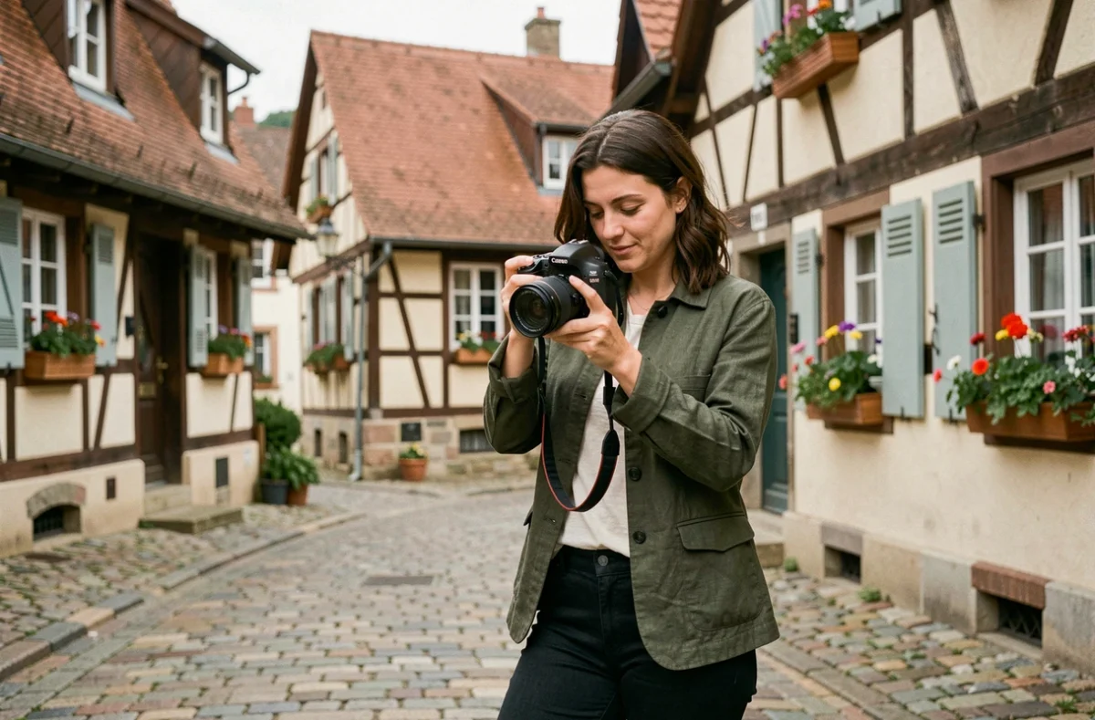 Photographe professionnelle avec appareil photo dans une rue alsacienne de Rixheim