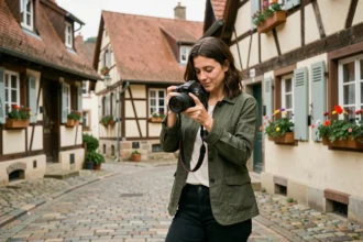 Photographe professionnelle avec appareil photo dans une rue alsacienne de Rixheim