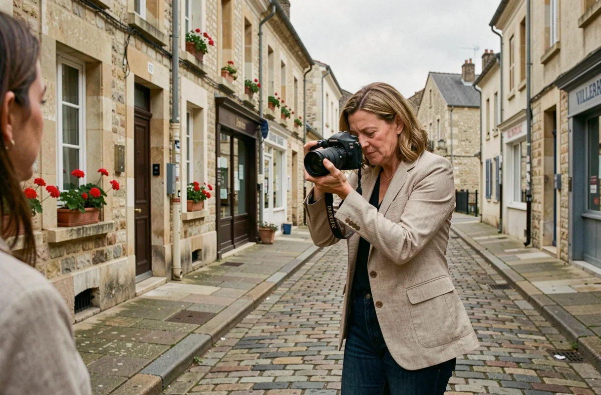 Photographe professionnelle en train de travailler en extérieur dans une rue typique de Villeparisis
