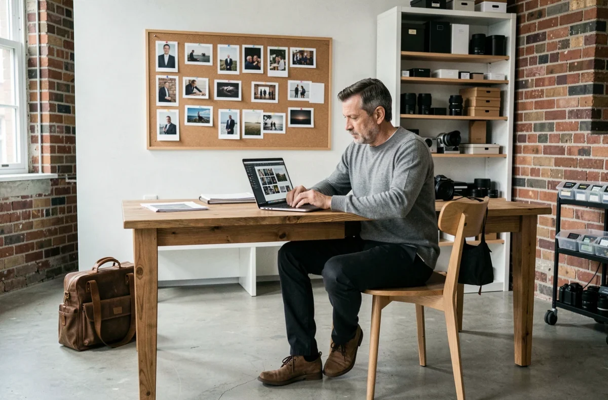 Photographe masculin révisant son portfolio dans un studio photo à Rixheim