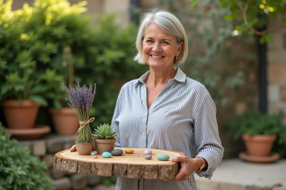 Femme présentant un plateau cadeau artisanal fait de matériaux recyclés avec des succulentes pour la fête des mères
