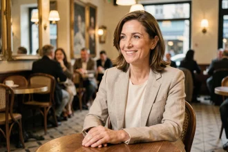 Portrait d'une actrice française élégante dans un café parisien, évoquant la vie familiale et artistique d'Isabelle Carré