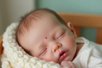 Poupée reborn fille réaliste aux veines visibles et cheveux mohair, posée sur une couverture tricotée crème dans une chambre de bébé pastel