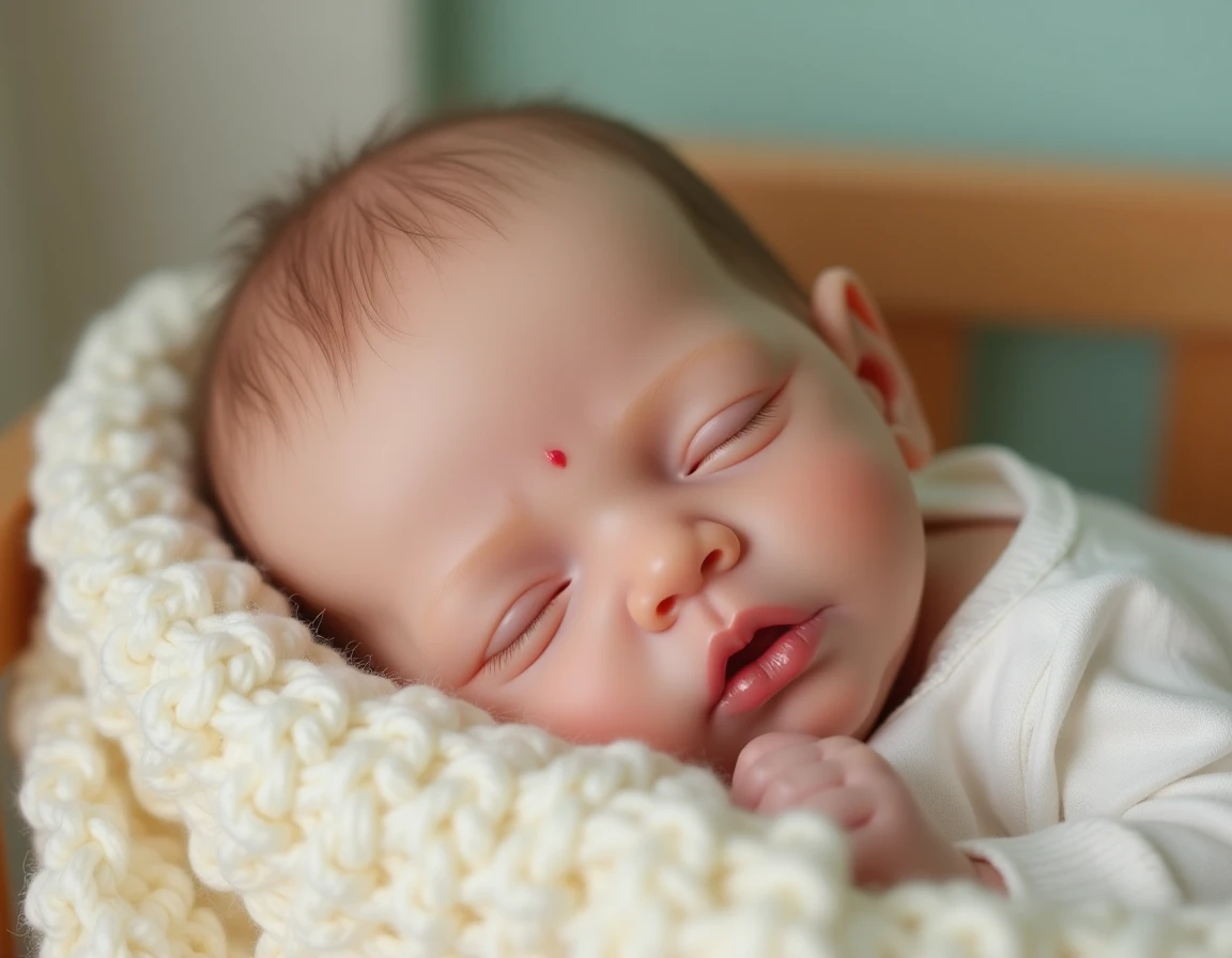 Poupée reborn fille réaliste aux veines visibles et cheveux mohair, posée sur une couverture tricotée crème dans une chambre de bébé pastel