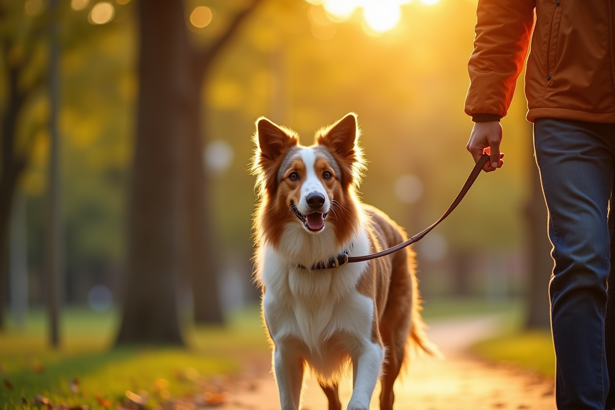 Chien berger australien rouge marchant à côté de son maître dans un parc