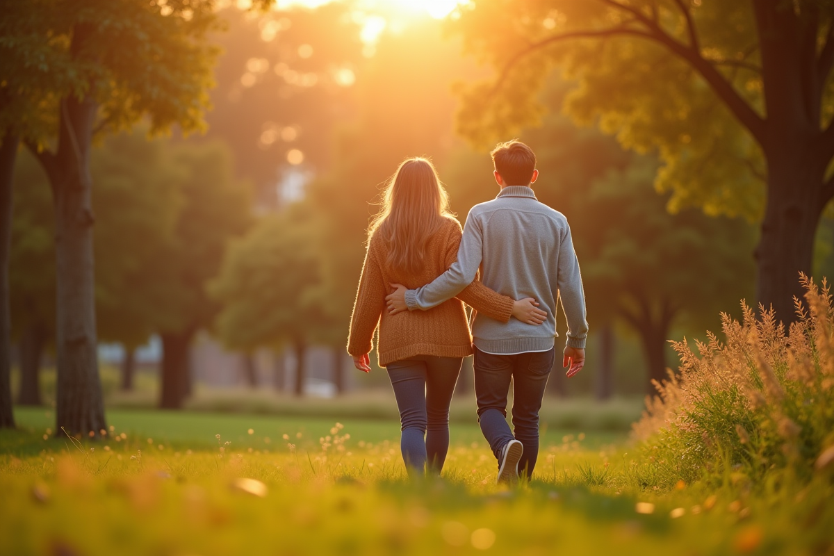 Couple marchant dans un parc en fin d