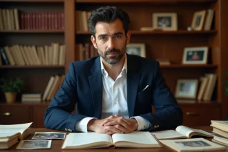 Homme aux origines méditerranéennes assis à un bureau avec des documents généalogiques et des photos de famille, évoquant la recherche des origines et de l'identité familiale