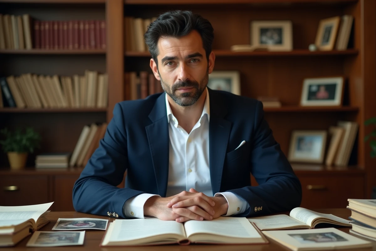 Homme aux origines méditerranéennes assis à un bureau avec des documents généalogiques et des photos de famille, évoquant la recherche des origines et de l'identité familiale
