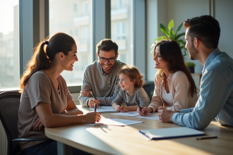 Famille souriante rencontrant un conseiller dans un bureau moderne