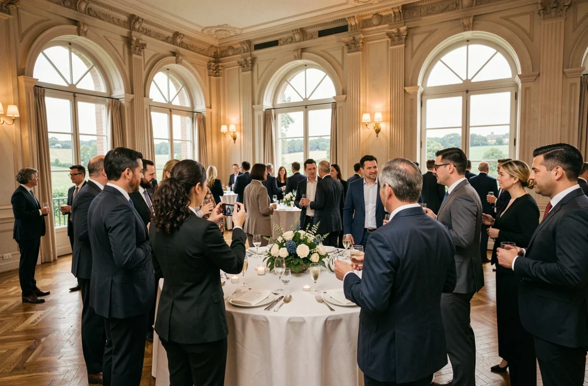 Photographe de reportage capturant un événement d'entreprise dans une salle de réception de Chantilly