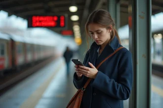 Femme en retard sur un quai de gare regardant son téléphone avec un panneau de retard visible en arrière-plan