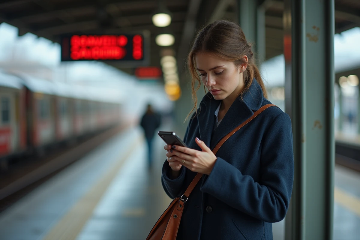 Femme en retard sur un quai de gare regardant son téléphone avec un panneau de retard visible en arrière-plan