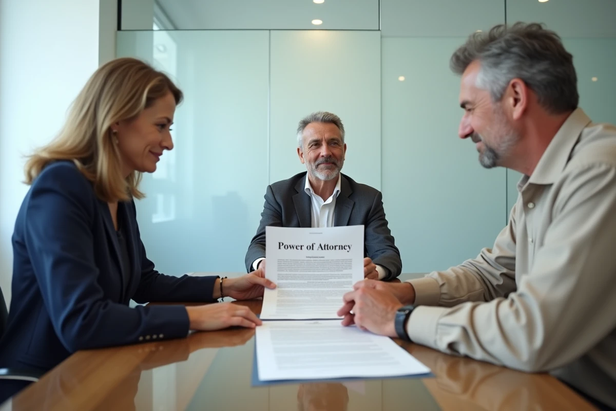 Deux héritiers en réunion avec un notaire autour d'une table de conférence, examinant un document de procuration pour une succession en indivision