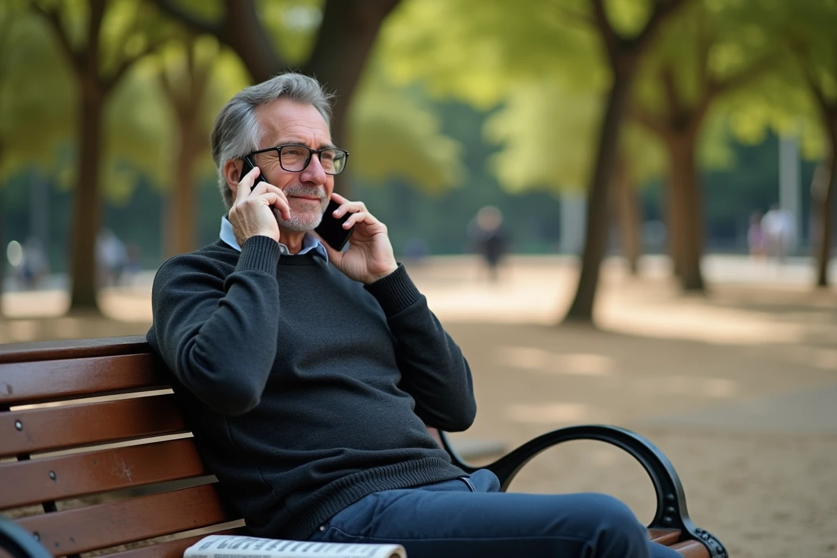 Homme médiatique quinquagénaire assis sur un banc dans un jardin parisien, téléphone à l'oreille, évoquant les rumeurs et la réalité de la vie privée d'une célébrité
