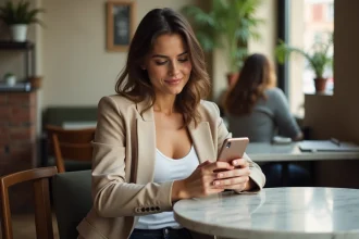 Influenceuse française dans un café parisien consultant son smartphone, illustrant l'univers de Rym Ben Ameur