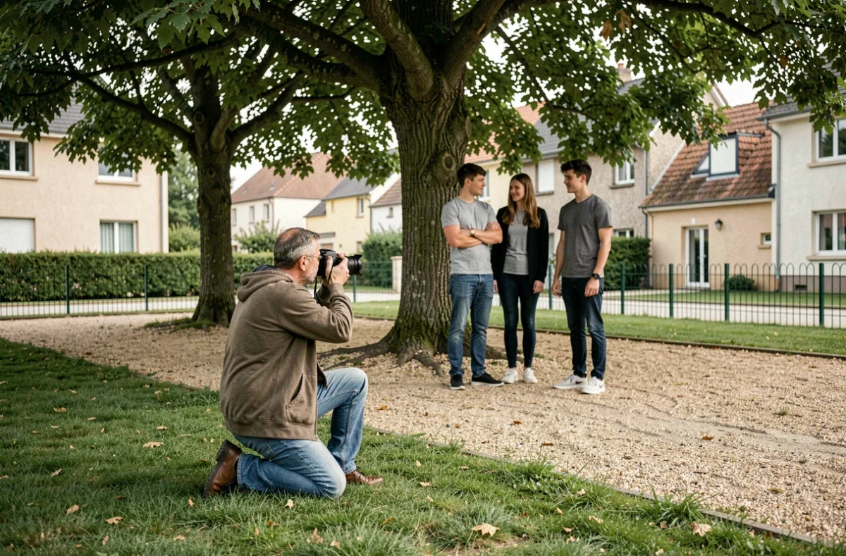 Photographe réalisant une séance photo de famille en extérieur dans un parc résidentiel de Villeparisis