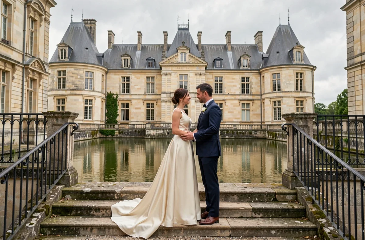 Couple de mariés photographié devant le Château de Chantilly lors d'une séance photo professionnelle