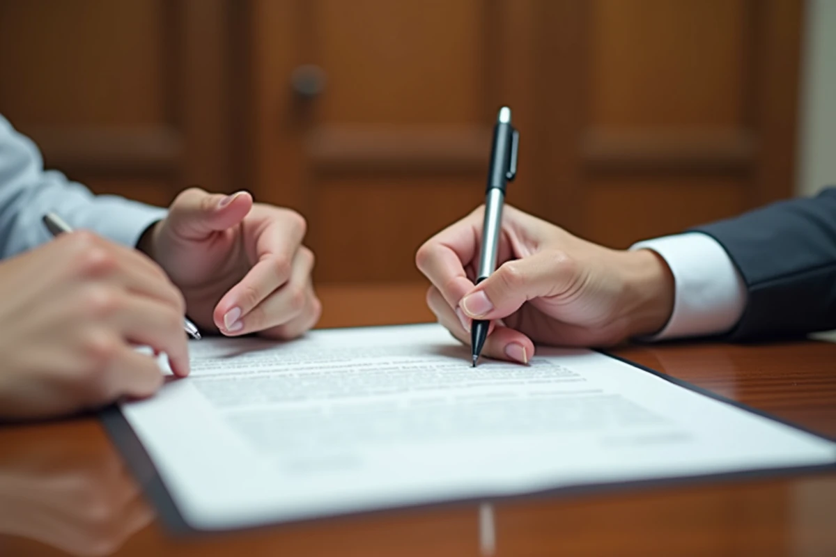 Deux personnes signant un document juridique de renonciation à la soulte dans le cadre d'un divorce amiable chez un notaire