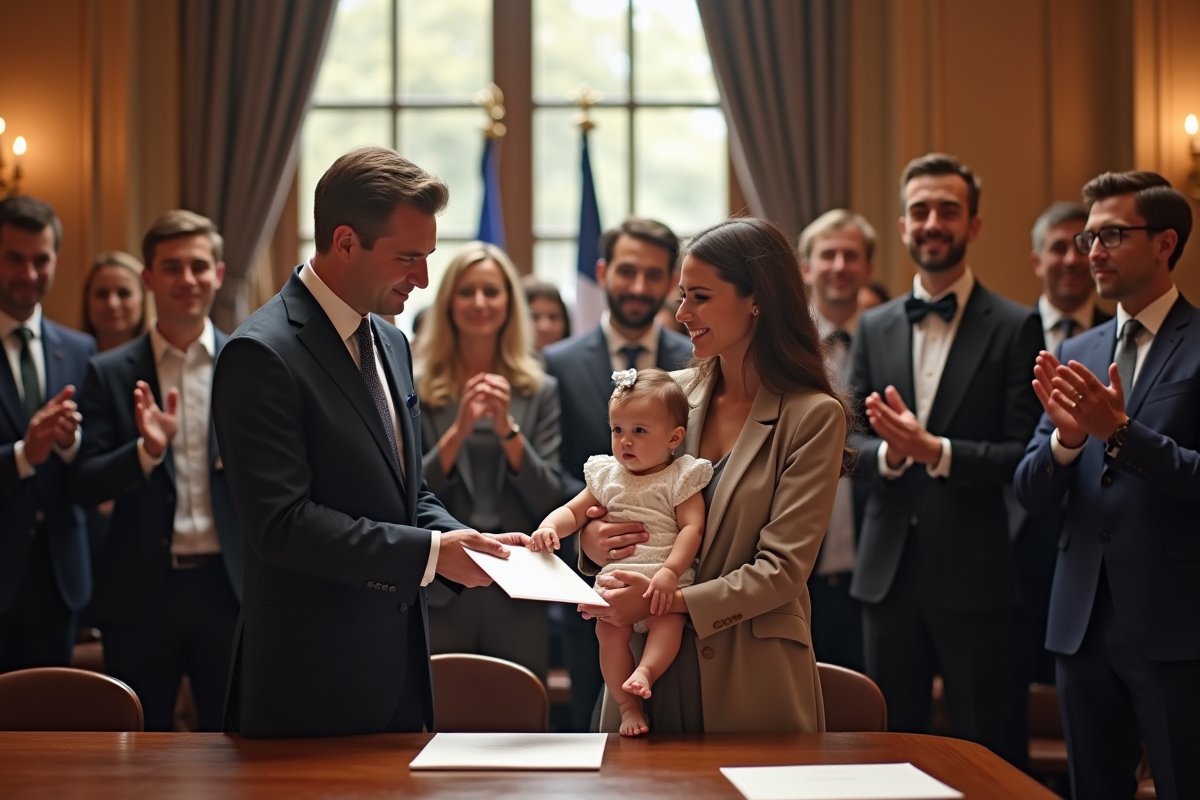 Cérémonie officielle de signature avec parents et bébé en mairie