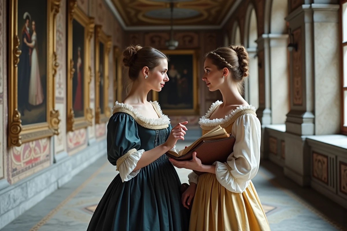 Deux femmes en costume noble bavarois des années 1850 examinant des documents généalogiques dans un couloir de palais historique
