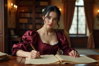 Jeune femme en robe de cour autrichienne du XIXe siècle consultant des archives historiques dans une bibliothèque impériale viennoise