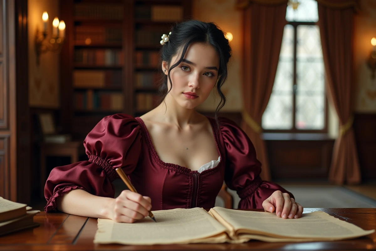 Jeune femme en robe de cour autrichienne du XIXe siècle consultant des archives historiques dans une bibliothèque impériale viennoise