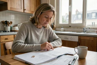 Femme seule face à des documents de divorce dans un appartement parisien, symbolisant l'évolution des statistiques de divorce en France