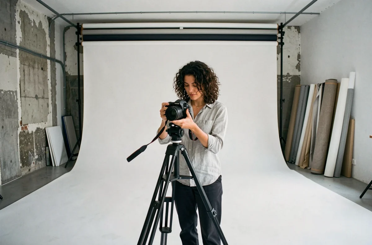 Intérieur d'un studio photo professionnel à Marseille avec cyclorama blanc et photographe féminine réglant son appareil sur trépied