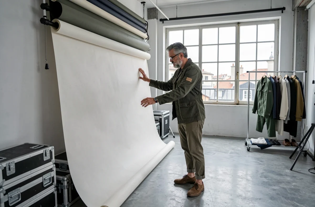 Préparation d'un studio photo modulable à Marseille avec fond papier et vue sur les toits de la ville